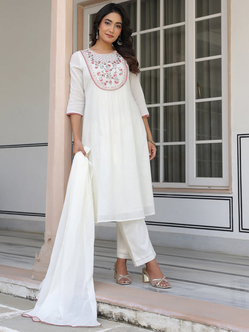 Janasya Women's Off White Pure Cotton Yoke Embroidered A-line Kurta Set